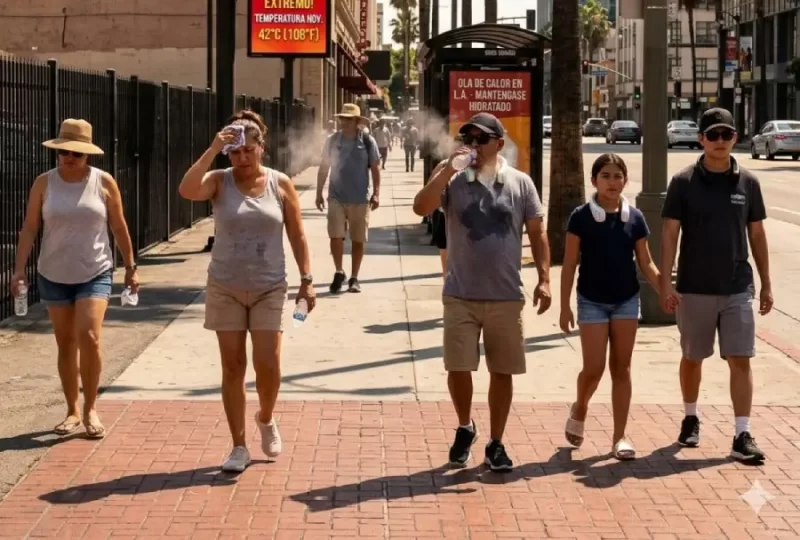 Transeúntes resienten las altas temperaturas que afectan esta semana a Los Ángeles y otros lugares de California.