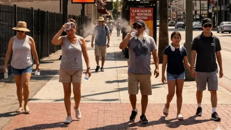 Transeúntes resienten las altas temperaturas que afectan esta semana a Los Ángeles y otros lugares de California.