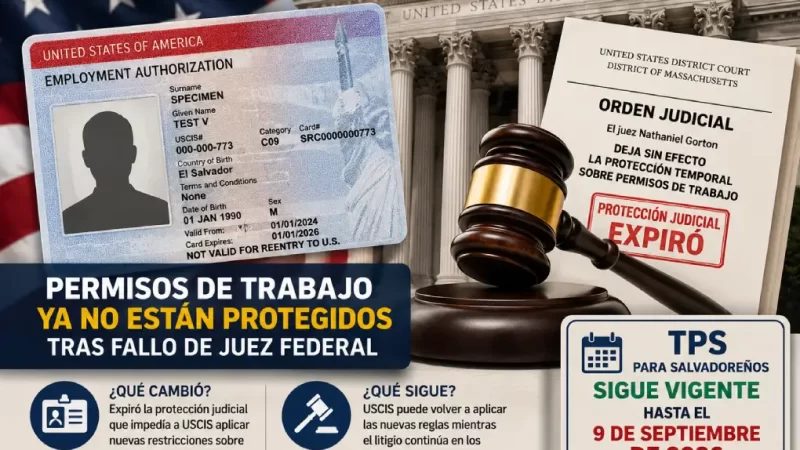 Un fallo judicial deja sin efecto la protección temporal que mantenía vigentes algunos permisos de trabajo para beneficiarios del TPS. El programa para salvadoreños continúa hasta el 9 de septiembre de 2026.