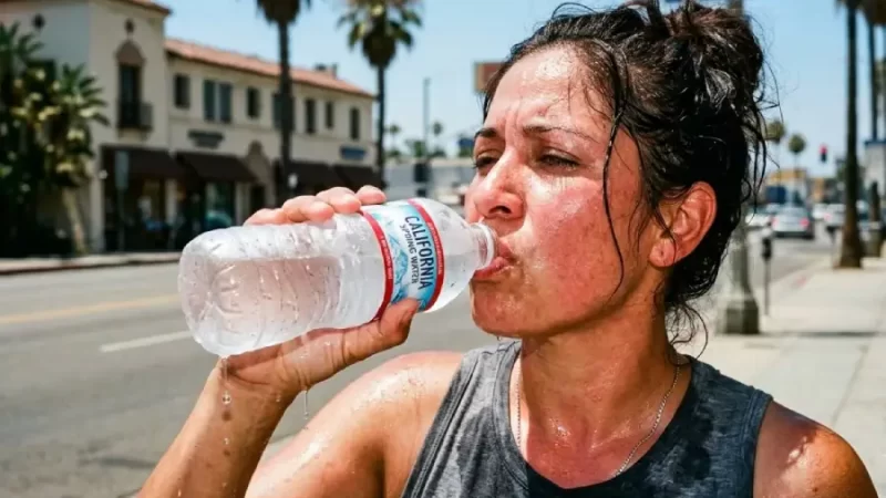 Señora se hidrata por el calor extremo